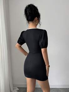 Elenzga 女士撞色滚边圆领系腰泡泡袖时尚夏季迷你连衣裙 - 黑色 - 查看 2