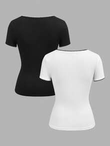 SHEIN EZwear 两件装女士T恤，撞色贝壳花刺绣，舒适休闲百搭，适合外出、街头风、机场穿搭，时尚别致，可搭配，春夏皆宜。 - 彩色 - 查看 2