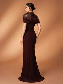 Serin 优雅奢华的菱形图案薄纱拼接弹力针织褶皱袖鱼尾裙，适合婚礼、派对、度假、舞会、新娘母亲晚礼服 - 酒紅色 - 查看 3