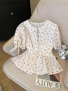 Resyla Women's Spring/Summer New French Romantic Bow Tie Heart Print Open Front Puff Sleeve Blouse - White - View 8