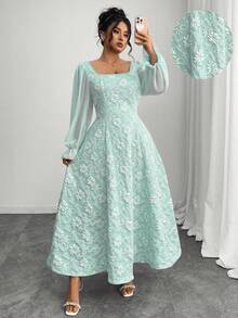 Elenzga Đầm dài tay dáng chữ A bằng chiffon họa tiết jacquard thanh lịch dành cho phụ nữ cỡ lớn, thích hợp cho mùa thu sớm, dành cho nữ. - Màu xanh Bạc hà - Xem 3