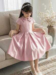 SHEIN Tween Girl Casual Elegant 3D Floral Collar Waist Cinched Dress, Princess Dress, Pink Party Dress Suitable For Party, Wedding, Holiday, Pink Dress, Wedding Season, Birthday Party, Valentine's Day, Pink Flower Collar Dress, Pink Puffy Dress Girls, Pink Formal Dress For Kids, Elegant Pink Dress Kids, Girls Collared Dress - Pink - View 5