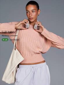 Menodora SHEIN Sport 女士休闲纯色圆领毛衣 - 粉色 - 查看 2