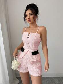 Elenzga 2pcs Women Jacquard Camisole Top And Shorts Set - Pink - View 1