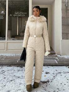 Muchica 白色毛绒帽和加厚连体衣，适合秋冬季雪地玩耍。 - 杏色 - 查看 3