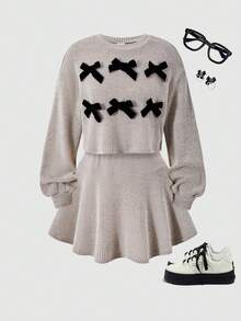 Tween Girl Pink Loose Puff Sleeve Top And Skirt Set, Fashionable For Back To School Wear In Autumn/Winter - Brown - View 8