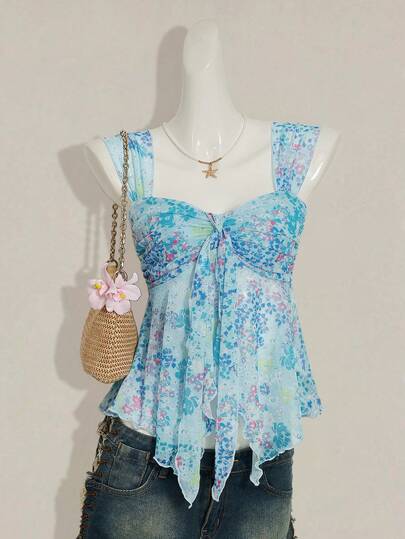 SHEIN ICON 女士碎花不对称下摆可爱碎花衬衫，甜美夏秋上衣女装