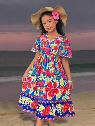少女海滩度假热带花卉裹身领短袖收腰连衣裙