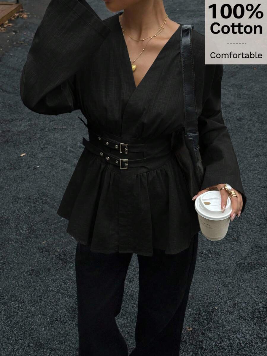 Siren Gaze 双排扣双收腰收腰长袖衬衫，柔软亲肤，适合工作或度假 - 黑色 - 查看 1