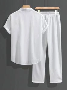 Manfinity RSRT Men's Casual Suit - Long Pants And Short Sleeve Shirt Mens Co Ord Set 2 Piece Set For Men Summer Greece Vacation Outfit Men Men White 2 Piece Pants Set Old Money,Daily Leisure, Weekend Trips, Outdoor Activities, Travel Expeditions, Relaxed Work Environments Or Semi-Formal Occasions, Boyfriend/Husband Gift, Anniversary /Birthday Gift Party Summer Vacation Holiday New Years Wedding Valentine's Day - White - View 2
