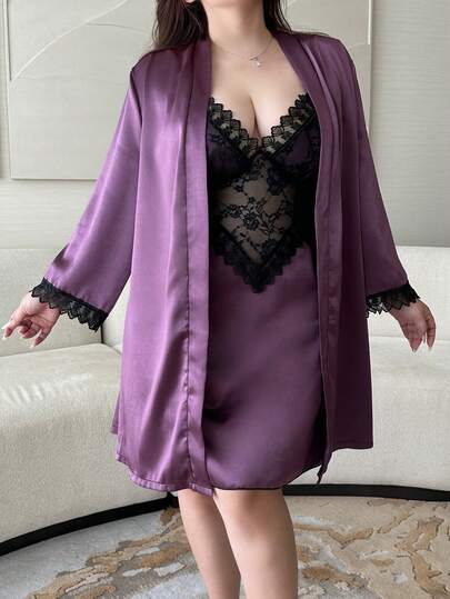Dazy Plus 2pcs Elegant Contrast Lace Sexy Nightgown & Robe Set, Plus Size Women Sleepwear