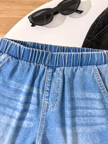 SHEIN Little Byeori Tween Jungen Mode Homecoming Streetwear Mix und Match vielseitiges Design Y2K Vintage Cool Straße 2 Stücke Set Y2K Patch Details und Kordelzug elastischer Bund Design bequem weich blaue schwarze Denim lose gerade Bein Denim Jungen Shorts für Kinderkleidung Jungen weiche Alltagskleidung und Kinder Sommer- und Frühlingskleidung, Schule, Campus, College - Verschiedenfarbig - Übersicht 6