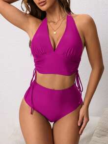 Swim Lushoire Women's Sexy Beach Vacation Style Solid Color Adjustable Drawstring Bikini Set, Summer - Violet Purple - View 4