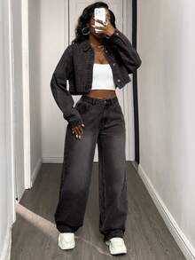 DAZY Women's Casual Fashion Street Style Daily Commute Cropped Denim Jacket And Wide Leg Jeans Set, Spring/Autumn - Grey - View 5