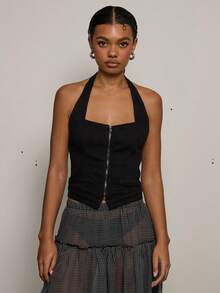 COUREZ Halter Neck Zip Up Denim Top /Y2K Spring Clothes For Women Cute Sexy Black Tops Going Out Party Rave Outfits Summer Tops Summer Outfits - Black - View 4