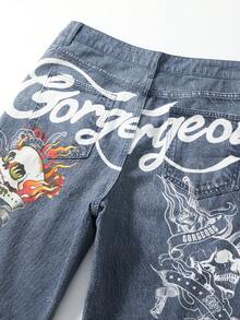 ROMWE MEN Men's Letter & Skull Print Pocket Casual Denim Shorts - Blue - View 8