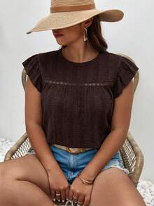 SHEIN Frenchy 大码女式纯色圆领短袖撞色蕾丝休闲T恤 - 棕色 - 查看 6