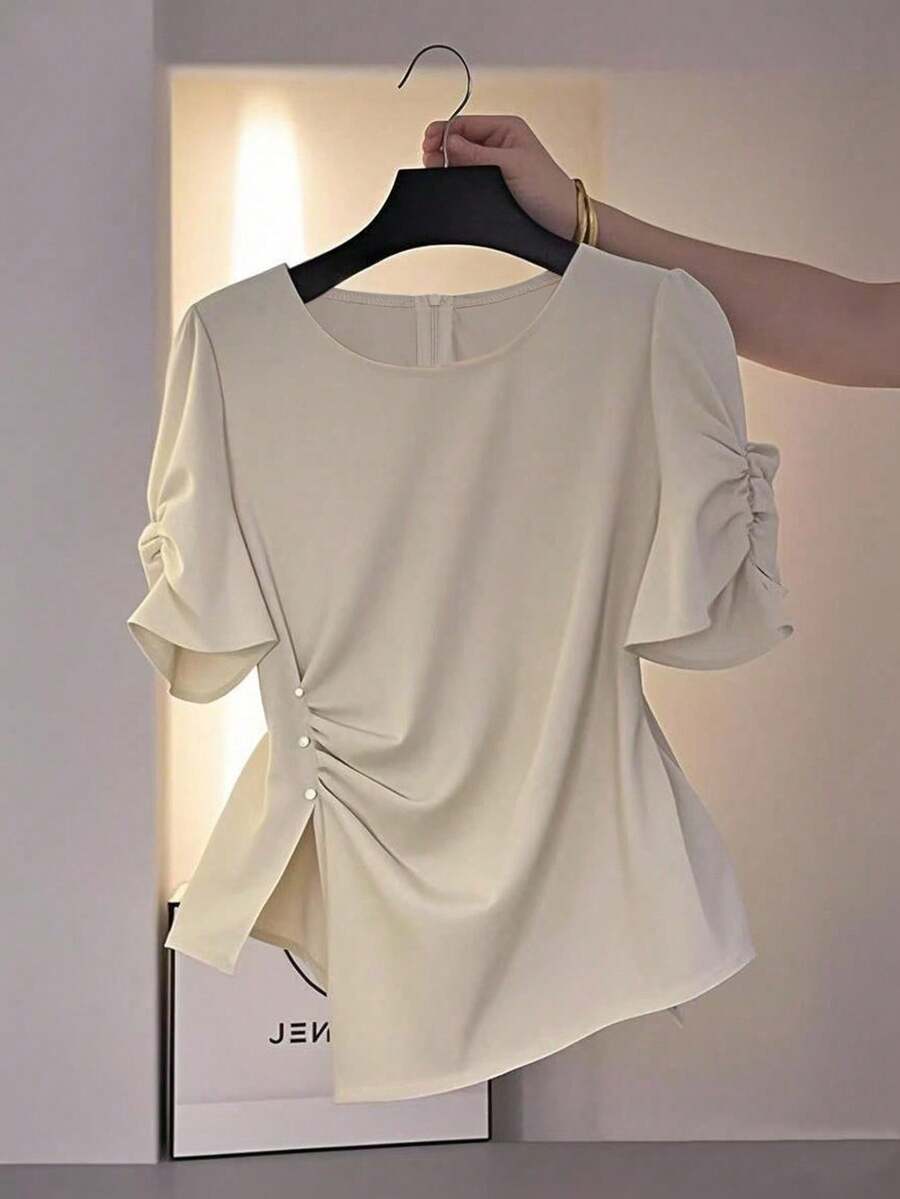 Franclia 不对称设计优雅女式圆领衬衫 - 杏色 - 查看 1