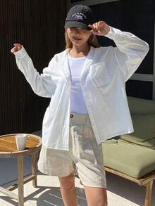 DAZY 女士撞色蕾丝宽松连帽长袖休闲度假防晒衬衫，春夏款 - 白色 - 查看 4