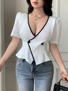 Celisse Women's Ruffle Trim Deep V-Neck Double Breasted Puff Sleeve Fashionable Blouse - White - View 5