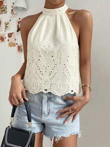 Firerie Áo kiểu không tay xếp ly, màu trơn, thêu rỗng, thanh lịch. - Màu be - Xem 4