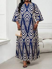 SHEIN Lady Vestido Elegante com Decote em Entalhe e Manga 3/4 para Mulheres Plus Size - Multicolorido - Visão 3