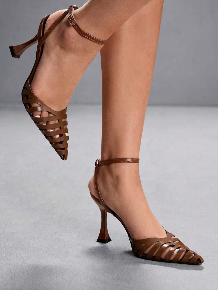 CUCCOO SZL Ladies Shoes Sexy Hollow Cross Strap Brown High Heels Wine Glass Heel Pointed 9CM Elegant Stiletto Shoes Women's Brown High Heels Kitten Heels Versatile Fashion Suitable For Daily/Beach/Vacation/Party/Christmas Thanksgiving Valentine's Day Dating/Wedding/Prom/Ladies Shoes