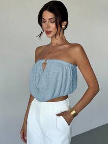 Aloruh 新款性感褶皱领口弹力收拢金属扣装饰修身露脐上衣 - 淺藍色 - 查看 3