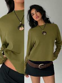 Aloruh Kaos Wanita Kasual Warna Polos Kerah Bulat Pas Badan, Kaos Patchwork Renda Manis - Hijau Tentara - View 8