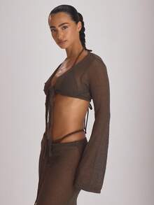 Musera Resort Áo khoác ngoài dáng ngắn tay loe dệt kim, buộc dây phía trước, thích hợp cho kỳ nghỉ hè, du lịch biển, đồ cơ bản màu trơn, phong cách nghỉ dưỡng. - Cà phê nâu - Xem 3