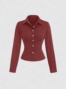 Sweetra Fashionable Contrast Color Textured Button Fitted Waist Flattering Striped Collar Long Sleeve Blouse For Women - Red - View 2