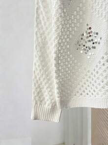 Chiquease 女士春夏休闲优雅日常派对菱形图案百搭纯色船领修身镂空亮片长袖插肩针织套头衫，女士白色上衣，女士派对，女士度假，女士闪亮上衣，亮片，镂空，女士度假钩针编织镂空上衣 - 白色 - 查看 6