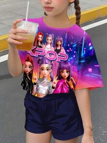 Áo thun ngắn tay cổ tròn, kiểu dáng thường ngày, màu neon rực rỡ, in hình hoạt hình cô gái K-POP ( ) dành cho bé gái tuổi teen, thích hợp mặc hàng ngày vào mùa xuân/hè, đi chơi, đi học, đi nghỉ mát. - Nhiều màu - Xem 5