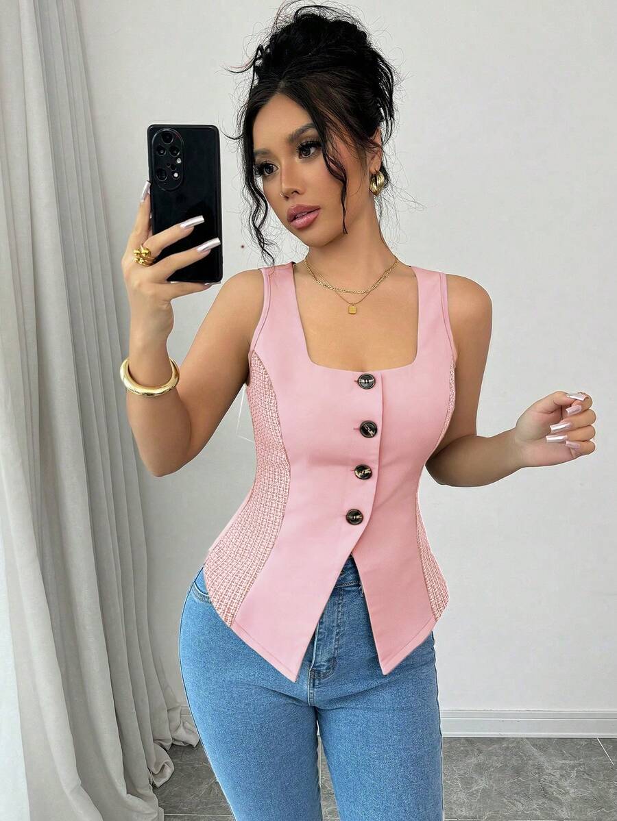 Selianne Women's Pink Button Decor Sleeveless Fashion Tank Top - Pink - View 1