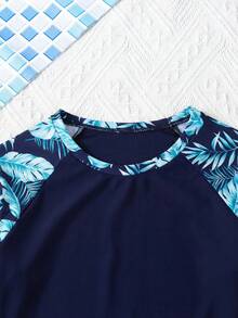 SHEIN Tween Girl Raglan Sleeve Tropical Plant Print Top And Shorts Swimsuit Set - Navy Blue - View 5
