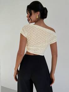 Firerie Top elegante de manga corta con cuello asimétrico y fruncido de unicolor para mujer - Albaricoque - Ver 4