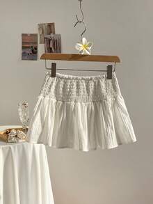 Elamini Chân váy xếp ly ngắn cạp thấp có dây rút, thêu lỗ khuy dành cho nữ - trắng - Xem 7