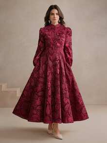 Anewsta 女士秋季立领灯笼袖收腰网纱花卉刺绣优雅连衣裙，适合感恩节、圣诞节等主题场合穿着 - 酒紅色 - 查看 2