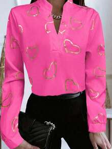 EMERY ROSE Heart Print Cutout Collar Casual Shirt, Spring/Autumn - Hot Pink - View 1