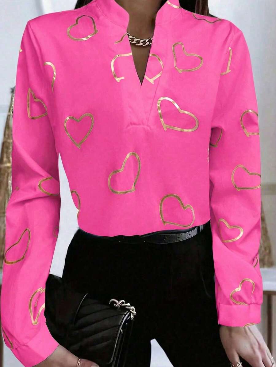 EMERY ROSE Heart Print Cutout Collar Casual Shirt, Spring/Autumn - Hot Pink - View 1