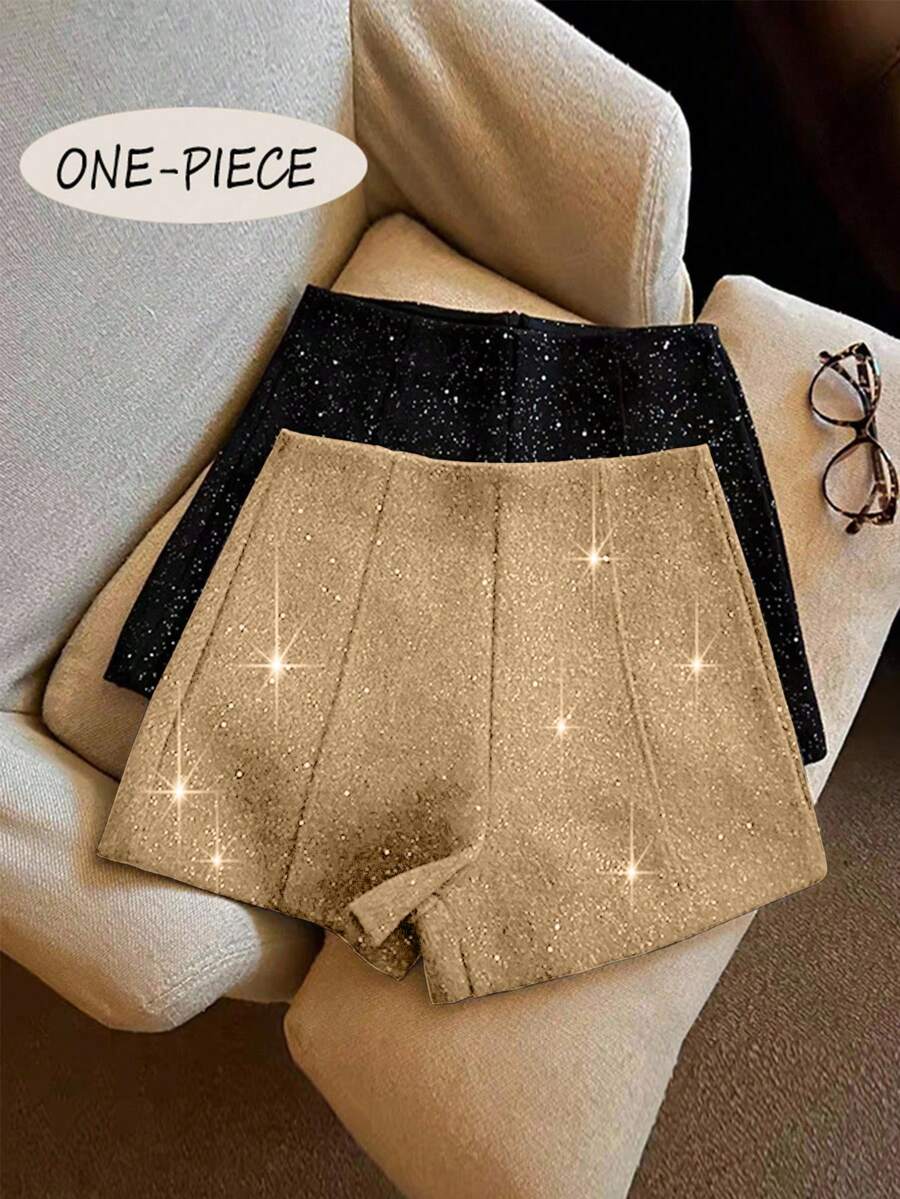 Franclia Fashionable Elegant Glittery Slimming Wool Blend Women Shorts - Khaki - View 1