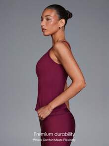 Menodora SHEIN Sport Women's Burgundy Ribbed Berry Performance Cami Top, Summer Athletic Slim-Fit Scoop Neck Spaghetti Straps, Breathable Stretch Knit For Gym & Studio Workouts - Purple - View 5