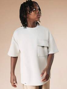 SUMWON Oversized Tween Boys Short Sleeve Crew Neck Pocket T-Shirt With Ribbed Collar And Contrast Stitching Detail Casual Vacation - Light Grey - View 1