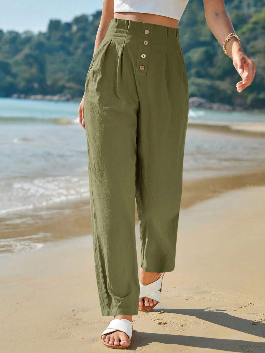 SHEIN Frenchy 女士纯色休闲裤 - 綠色 - 查看 1