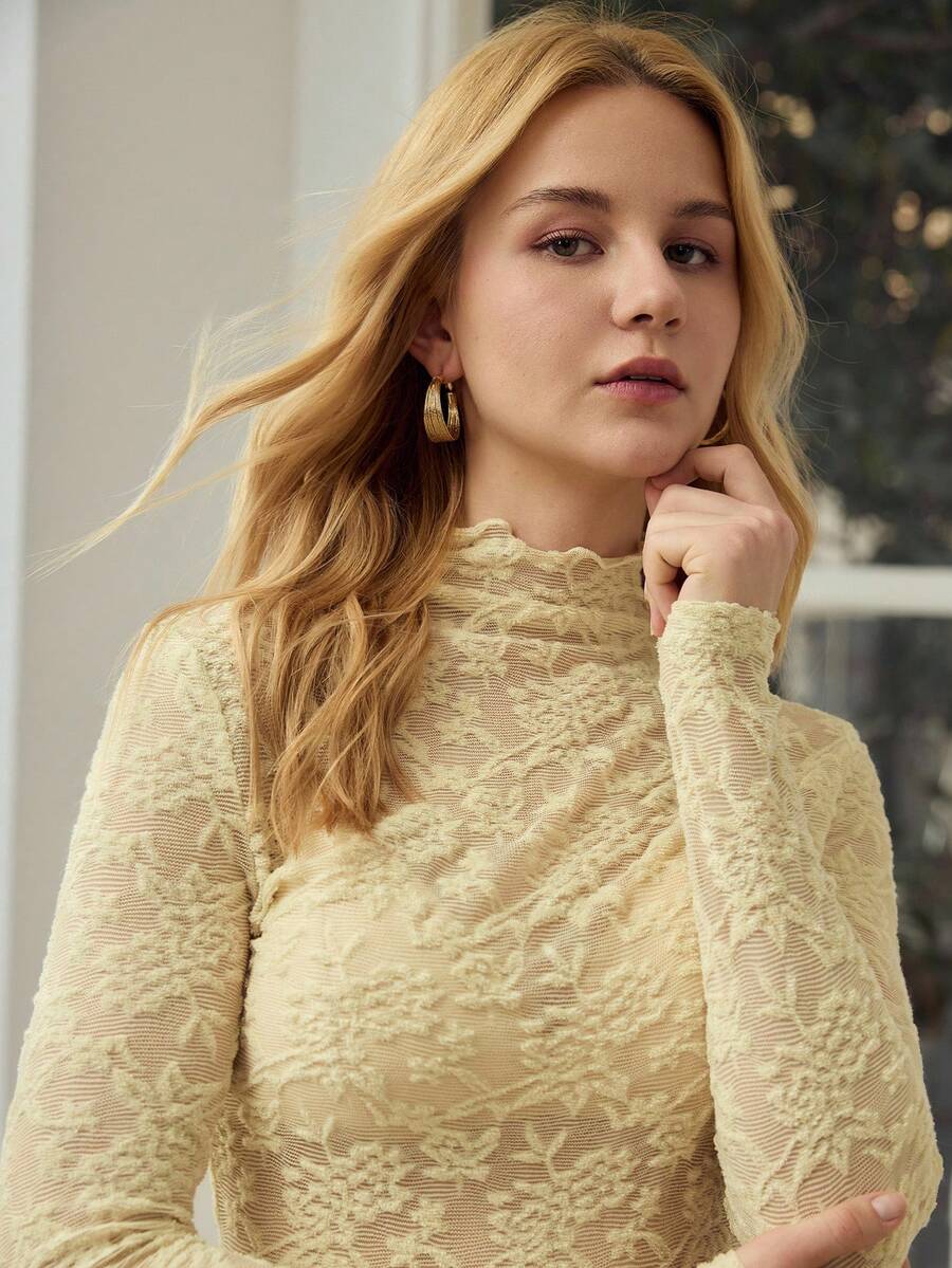 MOTF PREMIUM ELEGANT LACE LONG SLEEVE HIGH NECK SHEER CASUAL UNDERSHIRT FOR WOMEN - Light Yellow - View 2