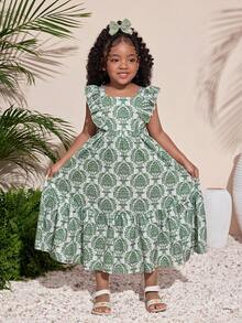 少女碎花收腰长裙，露背蝴蝶结设计，休闲日常百搭，适合外出、派对，也可与姐妹装搭配。 - 綠色 - 查看 3