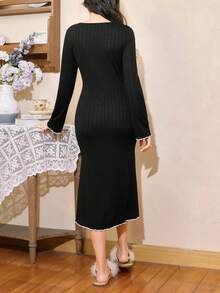 Côtesoire 法式浪漫优雅撞色花卉蕾丝边长袖女士睡裙 - 黑色 - 查看 2