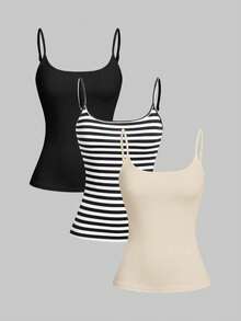 SHEIN Essnce 女士三件套休闲吊带背心套装，黑色条纹混色休闲女式上衣，修身吊带背心，夏季上衣，夏季服装，女士上衣，夏季女士上衣，三件套修身休闲纯色上衣 - 杏色 - 查看 11