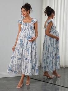 Momance 孕妇时尚碎花荷叶袖连衣裙 - 彩色 - 查看 4