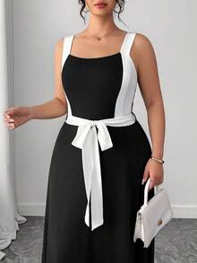 Elenzga Plus Size Women's New Elegant Contrast Color Square Neck Bodycon Jumpsuit, Suitable For Work And Everyday Wear Black Dress With White Trim Black And White Dress Women Elegant Long Black And White Dress - Multicolor - View 5